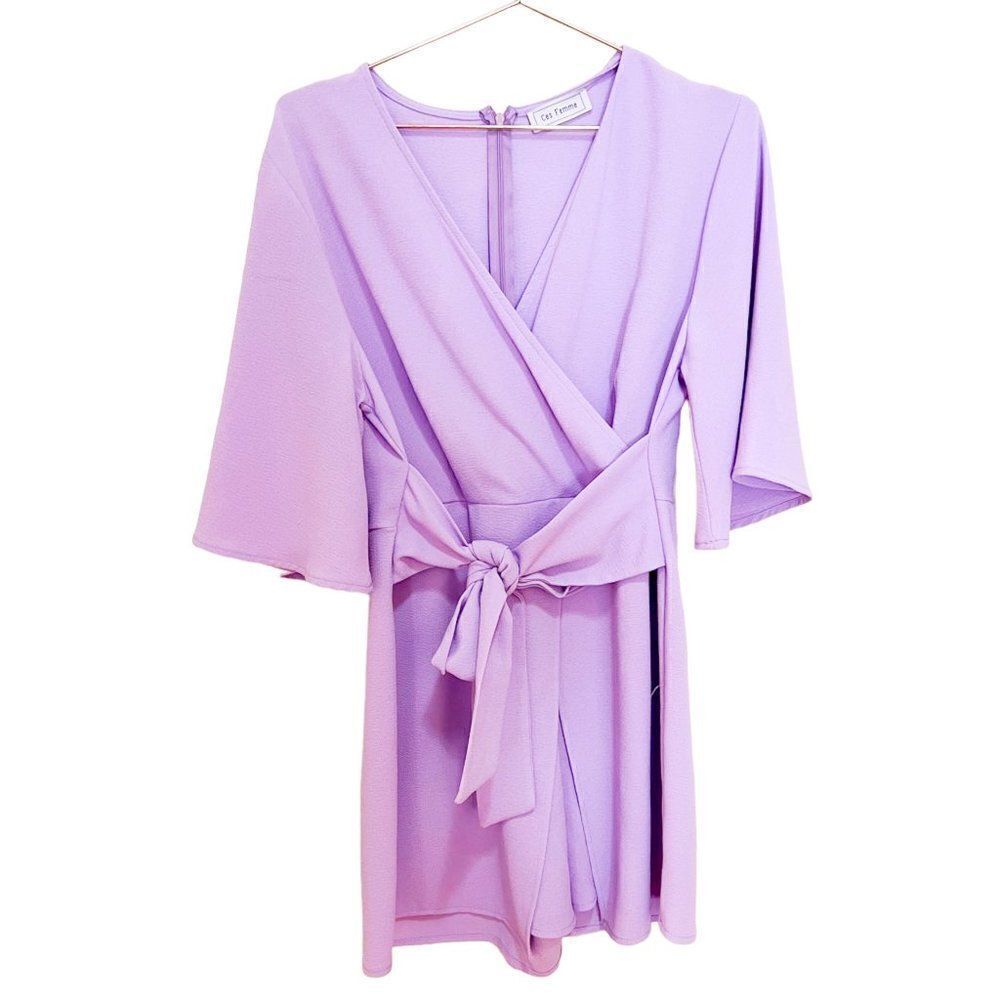 Ces Femme Lilac Purple Short Sleeve Tie Waist Wrap V Neck Romper